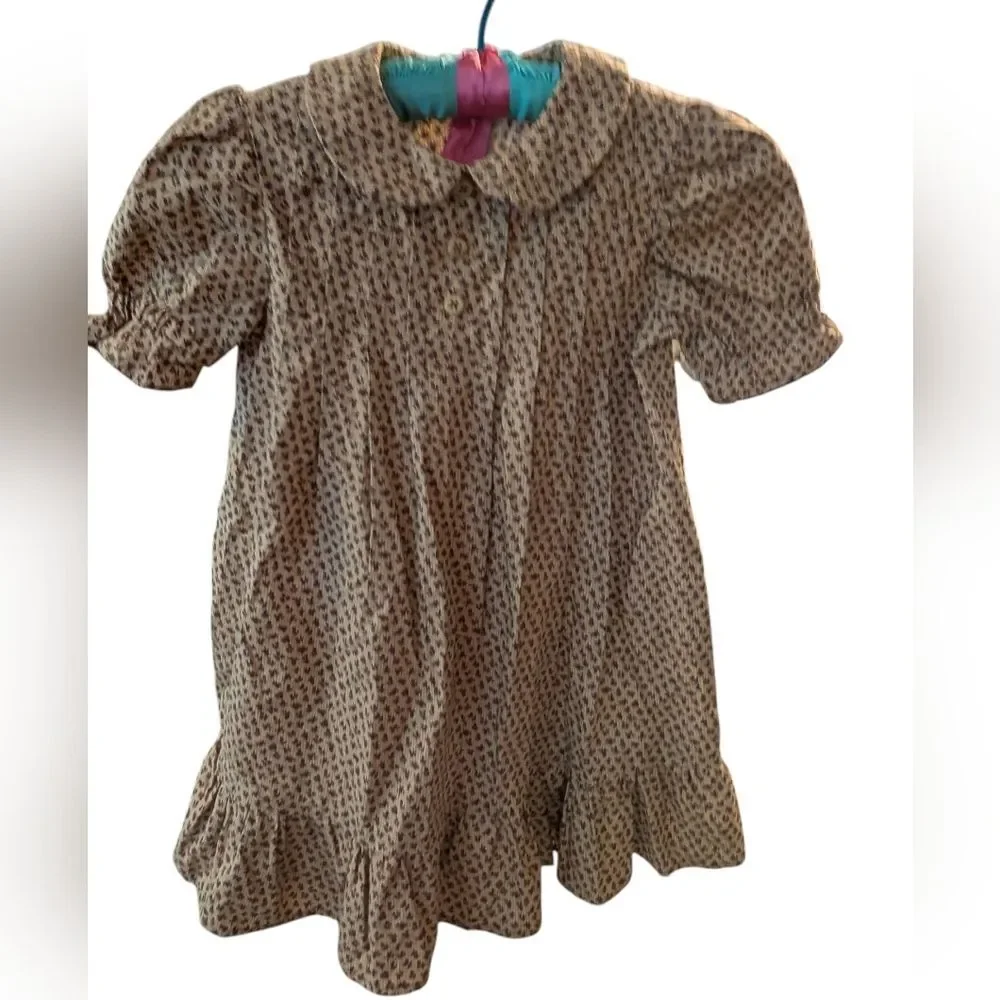 Vintage Girls Tan Brown Floral Print Prairie‎ Dress Ruffles